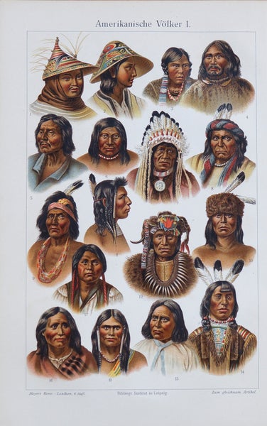 Amerikan alkuper&auml;iskansojen muotokuvat - kromolitografia (1900-luvun alku)